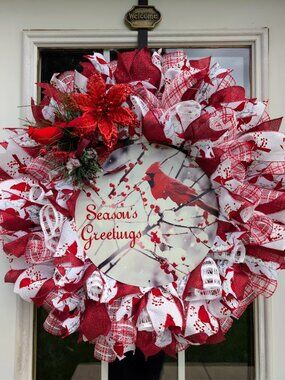 Christmas Cardinal Wreath "Season's Greetings" Red White Ribbon